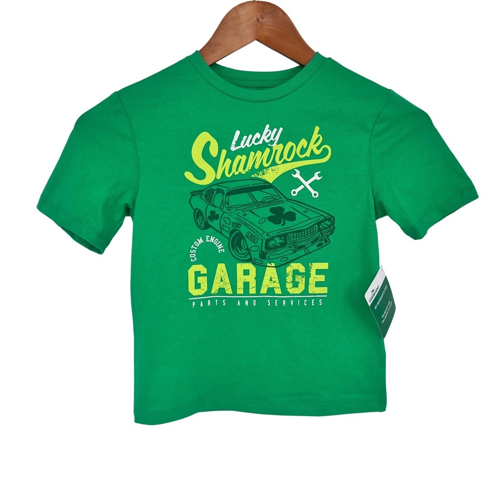Lucky Shamrock Garage Car Graphic Tee Boys‎ Small 6-7 Green St Patricks Day